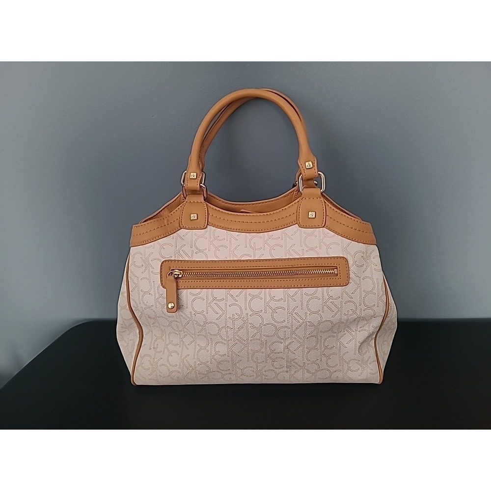 Calvin Klein Monogram CK Handbag Hobo Bag Purse Off-White & Tan